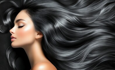 Obraz premium The brunette girl is a beauty with long and shiny wavy black hair, and there's also a beautiful woman model who has a curly hairstyle