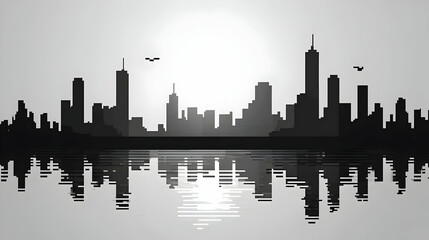Black and White Cityscape Silhouette Reflecting on Calm Water Under a Bright Sun with Airplanes Flying Above with Tall Buildings and Modern Architecture