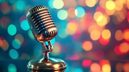 Vintage Microphone Gleaming with Colorful Bokeh Background Ready for Performance