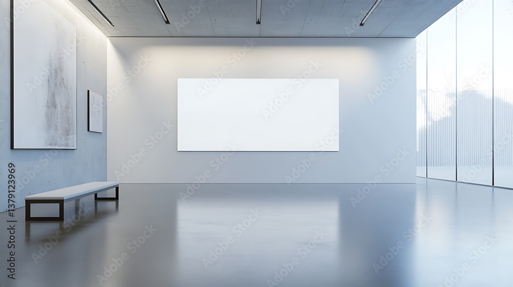 Poster modern futuristic gallery interior with empty white mock up poster on wall, 3d rendering
