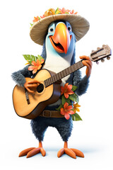 Cartoon toucan in tropical hat with flowers playing guitar and smiling. Concept of live summer music, family-friendly beach festival, and tropical entertainment branding