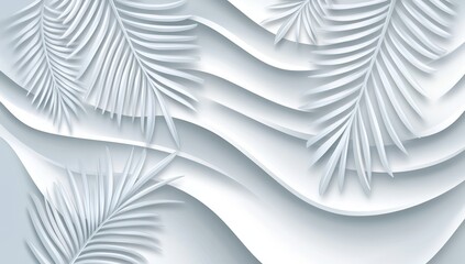 A 3D background for luxury skincare and beauty products featuring a minimalist white counter podium, soft dappled sunlight, and tropical palm leaf shadows on the wall, evoking organic and high-end