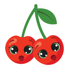 Happy twin cherries with big shiny eyes and green leaf, perfect for kids designs, summer food concepts, healthy lifestyle visuals and fruit-themed graphics