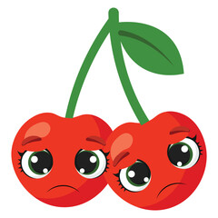 Two sad red cherries with expressive eyes and green stem, ideal for emotional designs, healthy lifestyle projects, kids content, and fruit illustrations