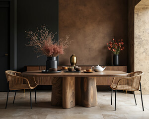 modern dining room with wooden table and rattan chairs