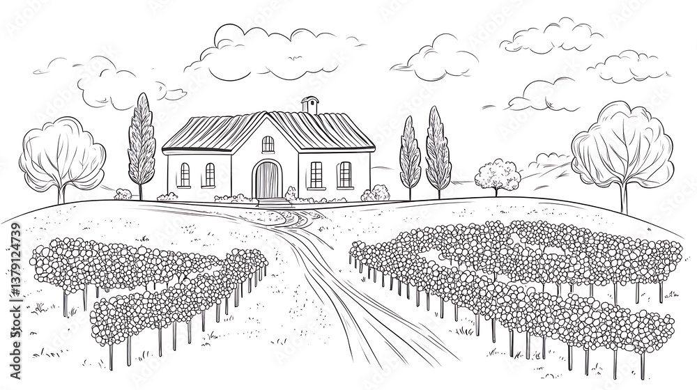 Poster vineyard with rows of grape vines and house, simple line drawing illustration style
