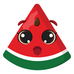 Bright watermelon slice with cute surprised face, expressive big eyes and fresh red pulp, great for summer designs, kids materials and healthy food visuals