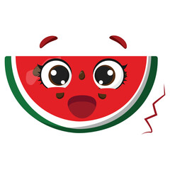 Obraz premium Cute watermelon slice with excited expression and big shiny eyes, perfect for summer designs, children’s content, and healthy food themes