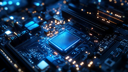 Fototapeta premium Blue neon computer motherboard background, technology design