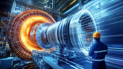 Inside the Heavy Industry Factory Industrial Engineer Works on the Personal Computer Designing Turbine/ Engine in 3D, Using CAD Program.