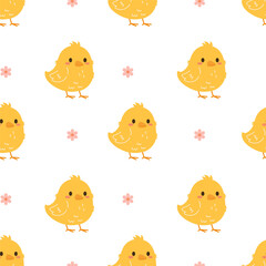 Seamless flat style pattern with cute yellow chicks and pink flowers on white background, ideal for children&rsquo;s products, Easter designs, textile, wrapping paper, and spring-themed projects