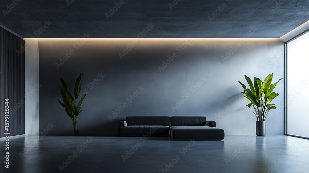 Poster modern minimalist empty dark living room with a low dark concrete ceiling and a black sofa in the mi