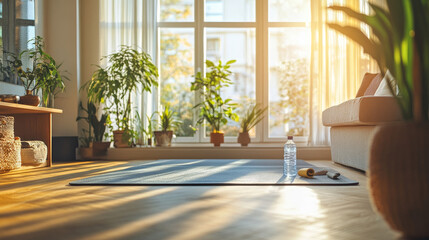 Empty Stylish Loft Apartment With Big Window. Sun Shinning on Spacious and Bright Living Room With Yoga Mat and Bottle of Water Laying on the Floor. Preperation For Online Workout Concept.
