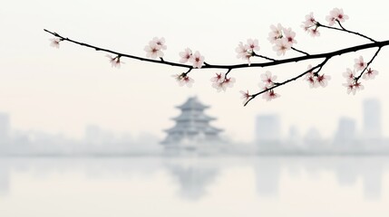 Naklejka premium Cherry blossoms bloom vibrantly near Osaka Castle, creating a serene atmosphere against the misty skyline of the city during springtime
