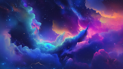 Fototapeta premium Colorful neon nebula with glowing stars in the background of deep space.