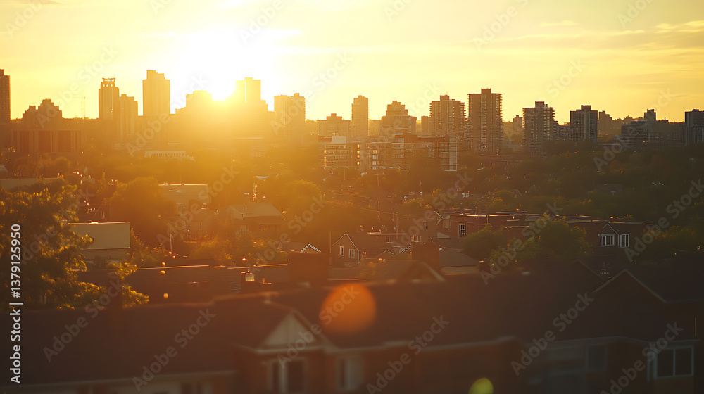 Fototapete Warm summer sunset glow over urban skyline, golden hour cityscape with blurry rooftop views and bokeh lights for evening celebrations