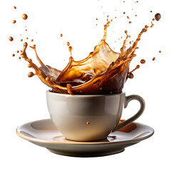 Liquid Awakening: Dynamic coffee splash erupting from a ceramic cup, evoking the invigorating start of a day
