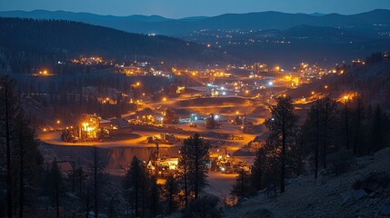 Fototapeta premium Illuminated Mining Sites Mining Sites Illuminated at Night, Featuring Mining Equipment, Excavators, and Hauling Trucks Operating Continuously to Extract Resources