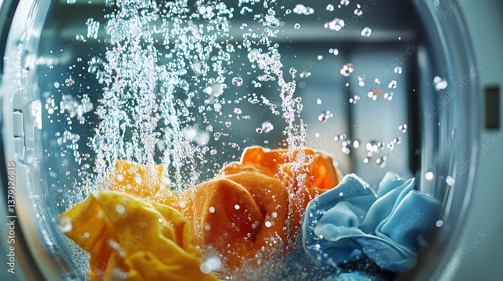 Poster washing machine or detergent with floating clothes under water with bubbles and wet splashes