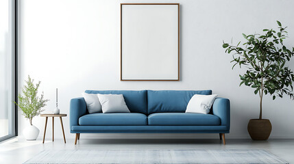 Blue sofa against white wall with art poster frame, mid century style interior design of modern living room