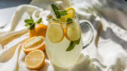 Fototapeta premium Lemonade pitcher with sliced lemons and mint leaves