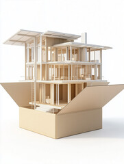 Modern prefabricated house coming out of a cardboard box
