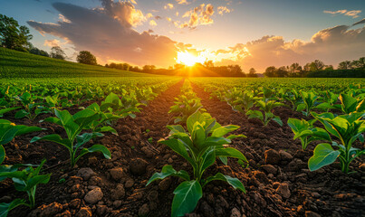 Sunlight over green crops at sunset. Sunlight casts a golden glow over rows of young crops in a field during a vibrant sunset.