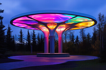 Modern mushroom-shaped light installation. Lighted art structure in park.