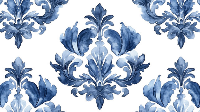 Watercolor painted indigo blue damask seamless pattern on a white background, spanish tile with hand drawn baroque and floral ornaments in mediterranean majolica ceramic painting style