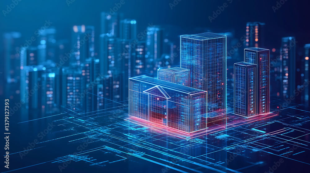 Poster modern smart home, against the background high-rise buildings, development architecture computer sys