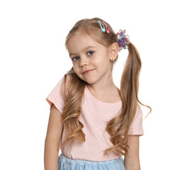 Cute little girl wearing beautiful hair accessories on white background