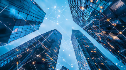 Modern skyscrapers connected digitally, representing the integration of technology in real estate business models and building management systems