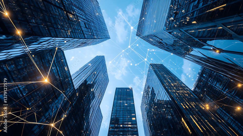 Poster modern skyscrapers with network connections, representing the impact of ai on real estate business m