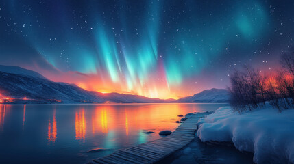 Northern lights over lake at sunset
