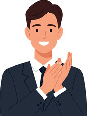 A smiling businessman in a suit clapping hands in a minimal, cheerful vector illustration