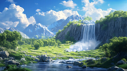 Fototapeta premium Mountain green valley with a waterfall and stormy water that falls from a height and trees, stones under a blue sky 3d illustration