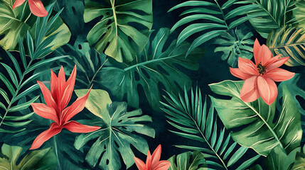 Painting of a jungle landscape, watercolor pattern wallpaper