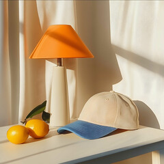 a photo of a cap blue brim beige cap on a white desk orange lamp white wall sunlight hitting high resolution lemons window and theres ocean