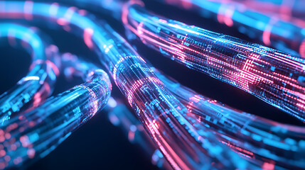 Web banner of glowing data cables transferring information inside computer server