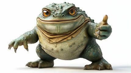 Cartoonish Realistic Frog Standing with Thumbs Up Pose on White Background with Textured Skin and Shiny Eyes