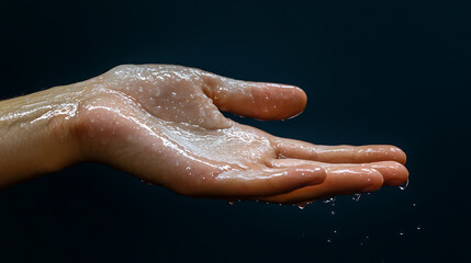 Fototapeta premium Wet hand from sweat syndrome due to hyperhidrosis, isolated on dark background