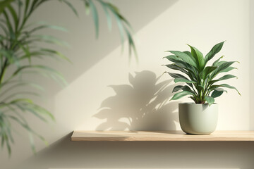 lush green plant in sage pot on light wood shelf