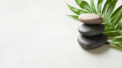Obraz premium Stacked stones and green leaves create a calming atmosphere for relaxation and meditation