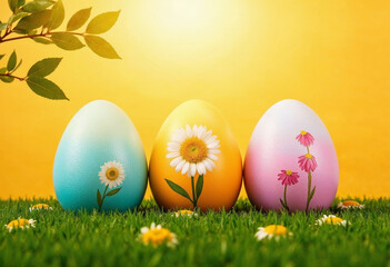 Fototapeta premium painted easter eggs celebrating a Happy Easter on a spring day with a green grass meadow, bright sunlight, tree leaves, and a warm color background with copy space , generated by ai