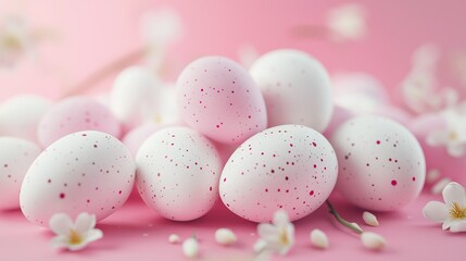   A group of white and pink speckled eggs rests on a pink surface, surrounded by white and pink flowers in the background