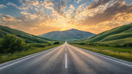 Naklejka premium Asphalt road square and green mountain with sky clouds natural landscape at sunrise : Generative AI.
