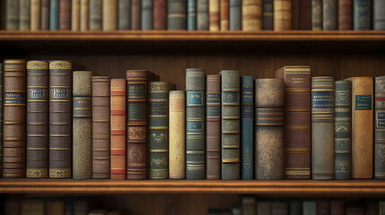 Fototapeta premium Bookshelves in the library with old books, 3d illustration