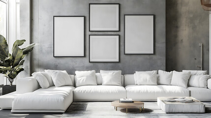 Fototapeta premium White sofa and posters, frames on gray wall, interior design of modern living room