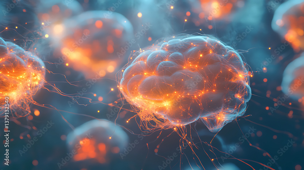 Aufkleber Neuroplasticity concept, featuring glowing brains interconnected with abstract wiring, brain's incredible ability to reorganize itself by forming new neural connections throughout life