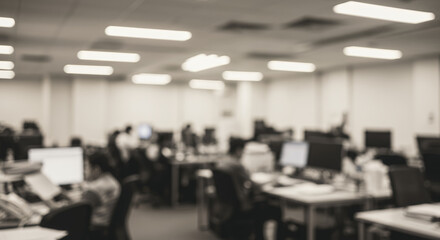 Fototapeta premium Blurred Office Scene: Workers, Desks, Computers - Abstract Workspace, Workplace, Modern Business, Professional, Anonymous